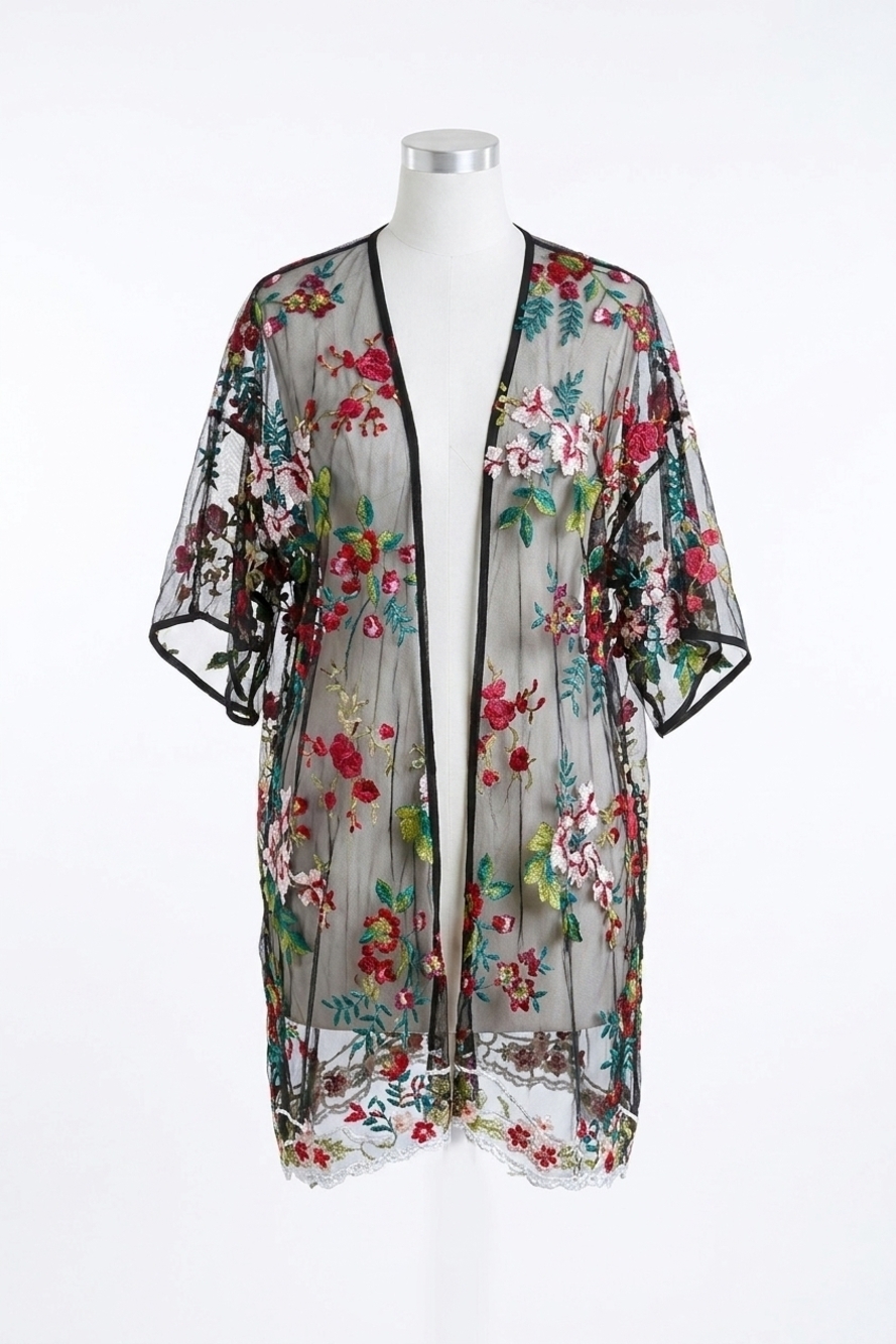 NEW UMGEE floral embroidered sheer mesh kimono in black